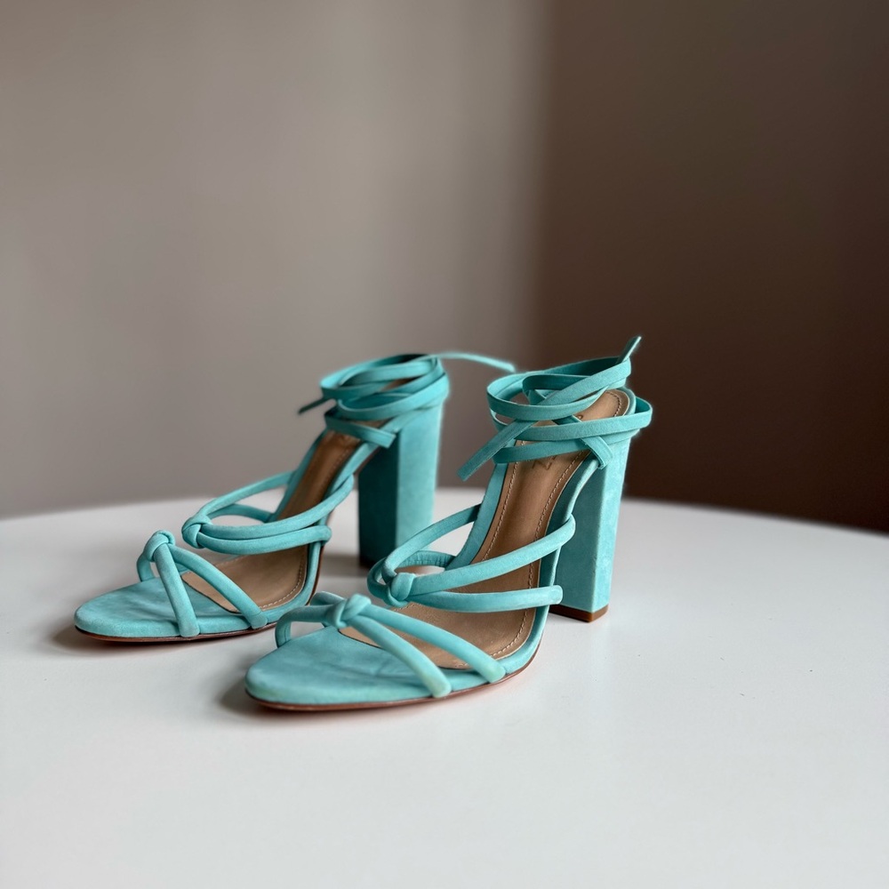 SCHUTZ Turquoise Suede Lace Up Block Heel 4,5" Sandals Leather Sole US 8.5 B